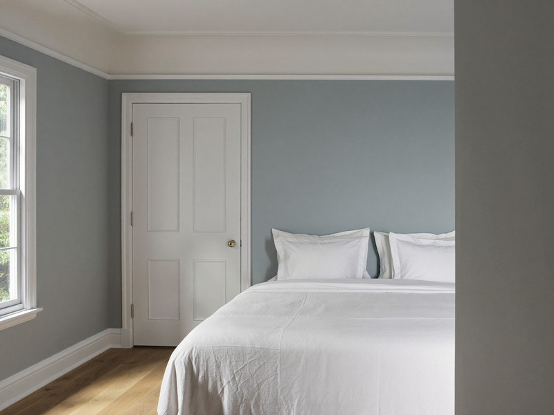 A repainted bedroom in a classic Wellesley colonial: soft blue-gray walls, bright white trim and paneled door, smooth restored plaster in raking light, oak
